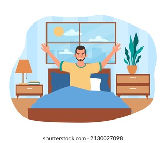 Man waking up. Young guy pulls himself up in morning on bed. Good sleep in comfort and coziness. Positive and optimistic character on weekend. Relax and rest. Cartoon flat vector illustration