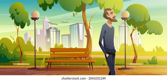 Man walk in city park enjoy nature, relaxed male character breath fresh air during unhurried promenade at summer urban garden with bench, city lamps and cityscape view Cartoon vector illustration