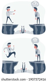 Man walk to the cliff. Blindfolded businessman run to the cliff. Business concept. Vector flat design illustration set.