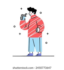 Man walk and coffee drink set. Busy employees character drinking coffee. Young man rush to work.Busy human is late concept. Cartoon flat vector collection isolated on white background