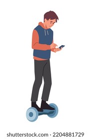 Man walk concept. Young guy rides hoverboard with smartphone in his hands. Modern technologies, innovations, gadget and device. Trendy transport for teenagers. Cartoon flat vector illustration