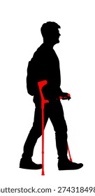 Man walk with crutches vector silhouette isolated. Injured boy walking with sticks. Health care activity after injury victim. Strong will person nursing hospital. Insurance for injured male.