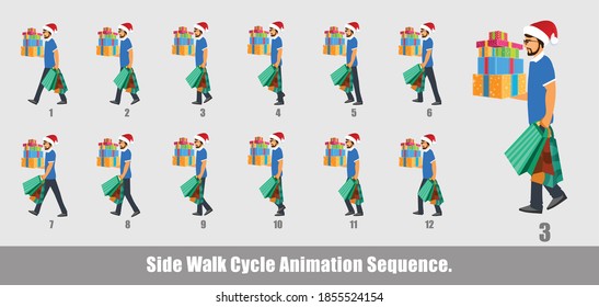 Man Walk Cycle Animation with gift box, Loopable Walk cycle animation of Christmas Man, Santa man Walking With gifts animation sequence for animation