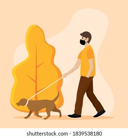 Man walk dog with mask coronavirus protection yellow - Vector