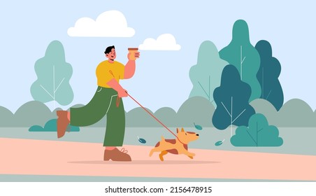 Man walk with dog on leash in park. Vector flat illustration of happy character pet owner on stroll with puppy. Summer landscape with green trees, grass, road and person with coffee and dog