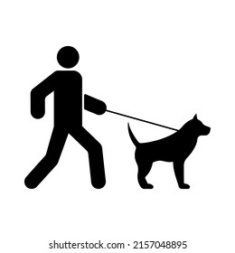 Man Walk with Dog on Leash Black Silhouette Icon. Boy with Domestic Happy Puppy Walking in City Park Glyph Pictogram. Walker Person with Mammal Pet Dog Flat Symbol. Isolated Vector Illustration.