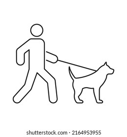 Man Walk with Dog on Leash Black Line Icon. Walker Person with Mammal Pet Dog Flat Symbol. Boy with Domestic Happy Puppy Walking in City Park Outline Pictogram. Isolated Vector Illustration.