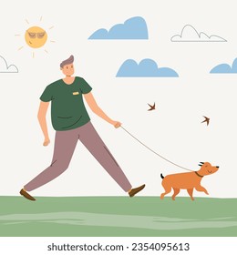 Man walk dog on nature or park landscape vector