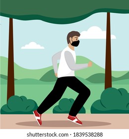 Man walk exercise with mask coronavirus protection- Vector