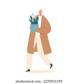 Man Walk with Flowers Bouquet. Male Character Prepare Present to Girlfriend for Holiday, Dating, Valentines or Birthday