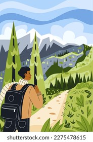 Man walk in forest. Young guy in hike looks at trees and hill. Active lifestyle and hiking. Travel and tourism, outdoor recreation. Character alone standing on road. Cartoon flat vector illustration