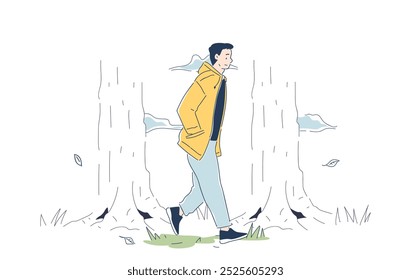 Hombre camina en el bosque. Joven con chaqueta amarilla camina entre los árboles. Estilo de vida activo y ocio. Senderismo, viajes y turismo. Ilustración vectorial lineal aislada sobre fondo blanco