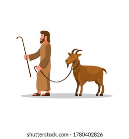 Man walk with goat. symbol for qurban islam tradition in eid ul adha islam tradition vector in cartoon illustration on white background on white background