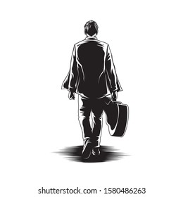 Man Walk With Guitar View Back Illustration Vector
