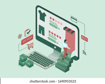 The man walk into clothes shop as a computor monitor in shape of isometric. Illustration about Online shopping.