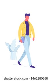 Man walk with laptop in his hand, vector background illustration in trendy simple flat style. Front view.