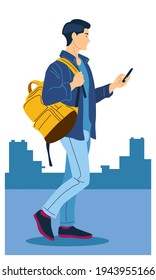 man walk looking hand phone with bag to university