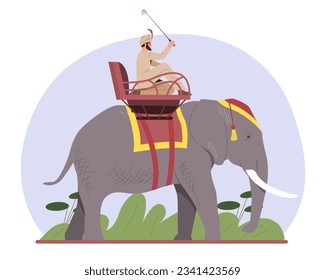 Man walk on elephant concept. Young guy at big animal. Traditional arabian picture. Travel and trip. Character in oriental clothes. Religion and Islam. Cartoon flat vector illustration