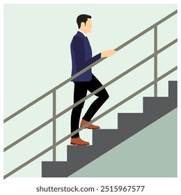 Man walk on the stairs hold the handrail for safety rule application. Vector illustration.