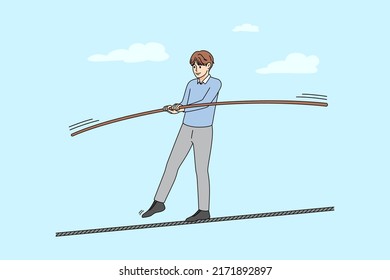 Man walk on thin rope balancing. Risky businessman engaged in business deal or offer. Job challenge and risk concept. Vector illustration. 