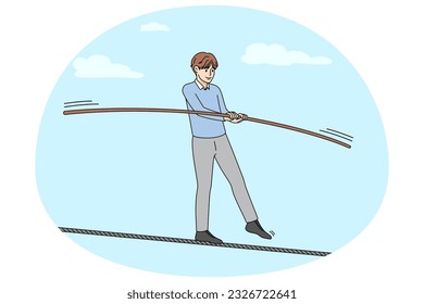 Man walk on thin rope balancing. Risky businessman engaged in business deal or offer. Job challenge and risk concept. Vector illustration.
