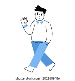 Man walk on white background. Gesture of greeting. Modern trendy geometric fat character. Outline cartoon illustration on white background