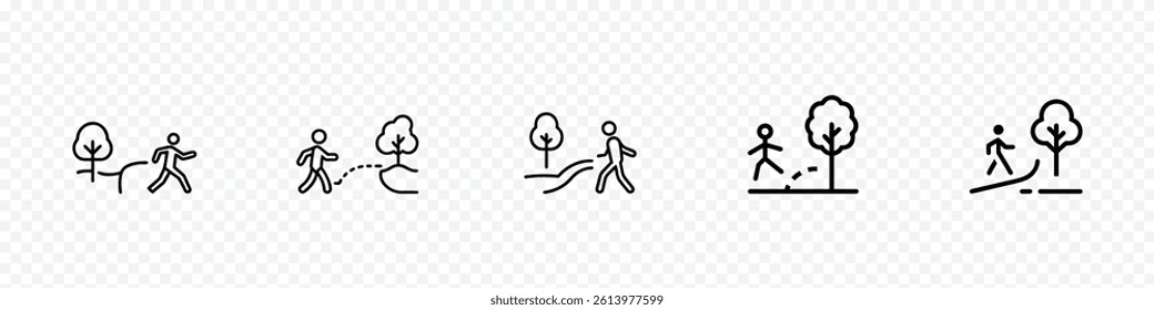 Man walk in the road icon, Person walking vector icon set, Man cross in road, Solitary Walking in Nature Vector Icon Set, A man walks along a concrete road along the sea at a nature