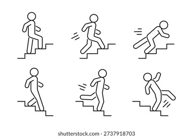 Man walk, run and fall on ladder, line icon set. Stairs up and down. Stairway, steps direction sign. Safe moving upstairs and downstairs, rise and descend. Vector illustration