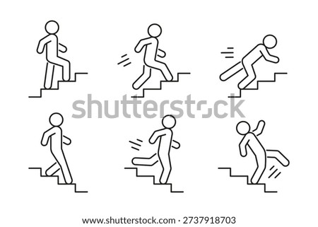 Man walk, run and fall on ladder, line icon set. Stairs up and down. Stairway, steps direction sign. Safe moving upstairs and downstairs, rise and descend. Vector illustration