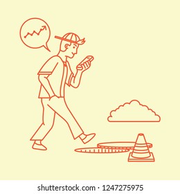 man walk smartphone social media sewer fall