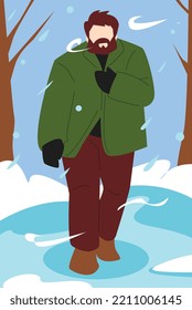 un hombre camina en la nieve. congelado. fondo de árbol, nieve, viento. tema de navidad, invierno, clima, temporadas. ilustración vectorial plana