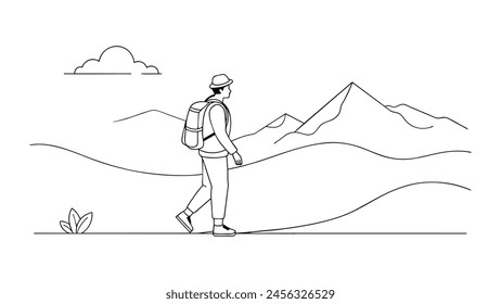 Man walk tourist place continuous line art vector illustration on white background..