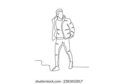 A man walked gallantly wearing a jacket. Winter outfit one-line drawing