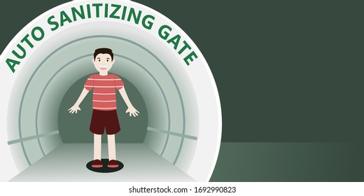 The man walked out of Auto sanitizing gate. corona virus, covid-19. vector illustration.