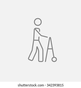 Hombre con un icono de línea de caminante para web, móvil e infografía. Icono vector de gris oscuro aislado en fondo gris claro.