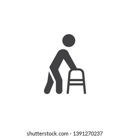 Man with walker vector icon. filled flat sign for mobile concept and web design. Disabled people with walking frame glyph icon. Symbol, logo illustration. Pixel perfect vector graphics