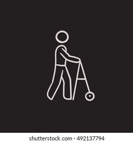 Mann mit Walker-Vektorgrafik-Symbol einzeln auf Hintergrund. Handgezeichneter Mann mit Walker-Symbol. Mann mit Walker-Skizze Symbol für Infografik, Website oder App.
