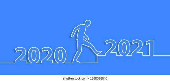 Man walking from 2020 to 2021. Vector illustration line  design layout template.