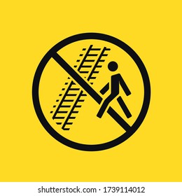 Man walking across railway. Rails crossing not allowed sign. Walking on railroad prohibited icon, no pedestrian on rails pictogram. Monochrome filled isometric vector eps illustration.