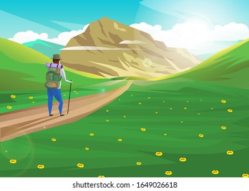A man is walking alone between hills. Backpacker vector illustration