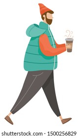Man walking alone and drinking coffee vector. Hipster with cappuccino, latte or espresso in hands illustration. Guy holding cup with hot drink. Person in warm clothes like hat and jacket, flat style