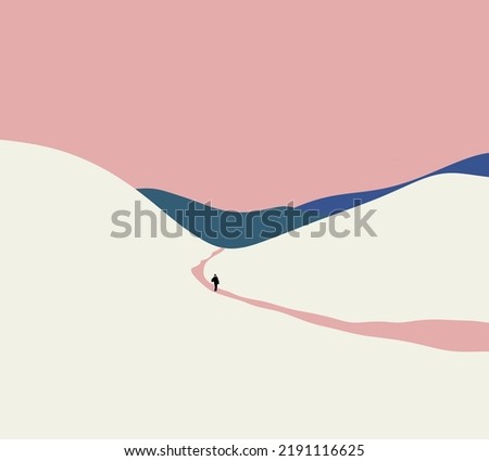 Man walking alone in the mountains. goal, success, freedom and achievement concept. Surreal Travel Lifestyle adventure concept. Pink color.