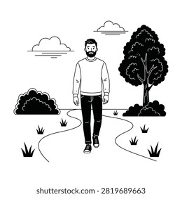 Man walking alone on winding path in park with trees and grass under cloudy sky