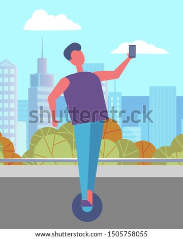 Man walking alone in urban park in summer. Guy riding hoverboard or gyroscooter on asphalted street. Beautiful cityscape, landscape and view of city on background. Vector illustration in flat style