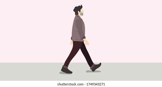 a man walking alone wearing face mask illustration for new normal situation after virus pandemic