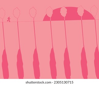 man walking along a path with trees and big shadows and a setting sun, on a pink background, in flat illustration style