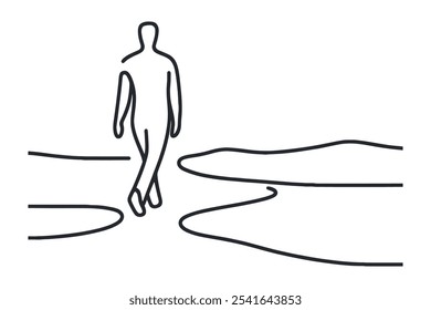 man walking along the road, horizon, drawn with one line.