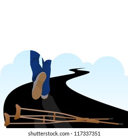 A man walking along the road and lying on the road spikes