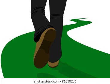 A Man Walking Along A Road Receding Into The Distance. The Illustration On A White Background.