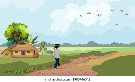 A man is walking along the village road - illustration